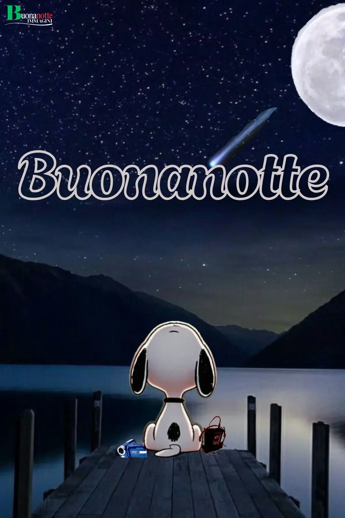 Snoopy sul pontile lago luna piena stella cadente buonanotte divertente