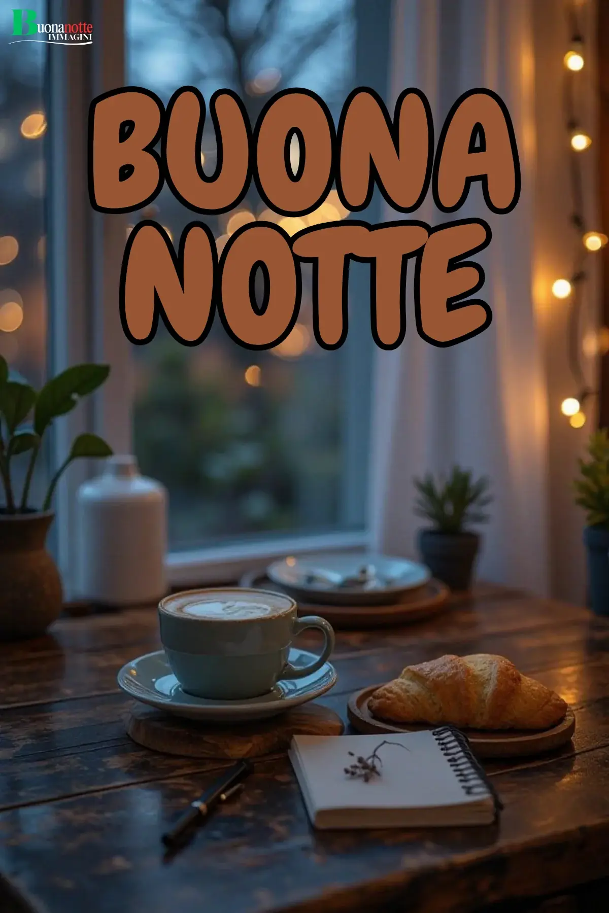 Cappuccino cornetto e lucine su tavolo serale immagine buonanotte
