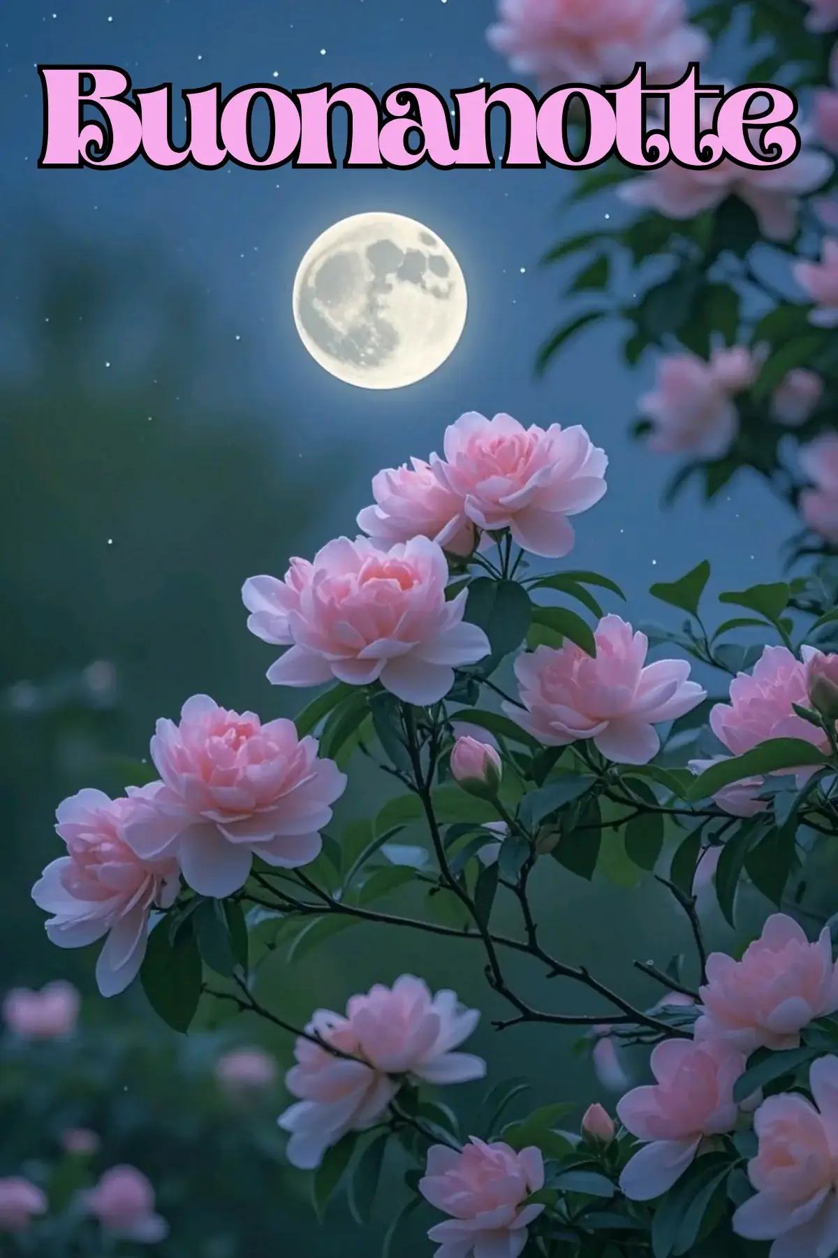 Peonie rosa sotto luna piena buonanotte sogni d'oro