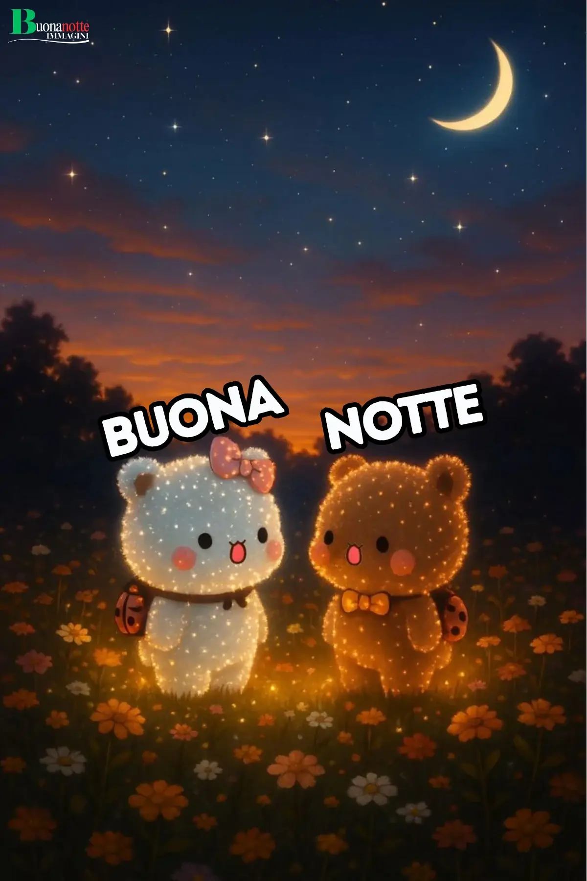 Due orsetti luminosi in un prato fiorito sotto la luna buonanotte divertente