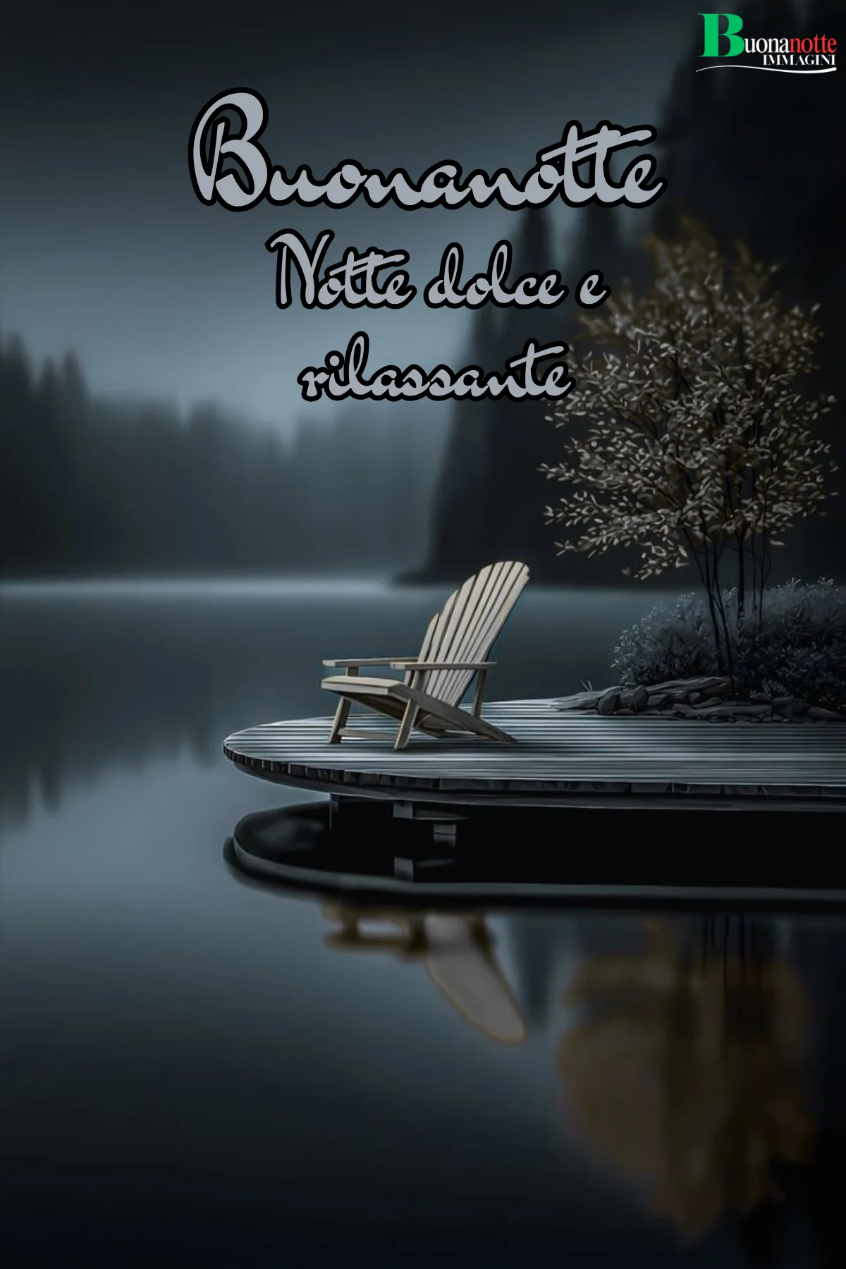 Sedia su pontile in legno lago nebbia notturna frasi buonanotte