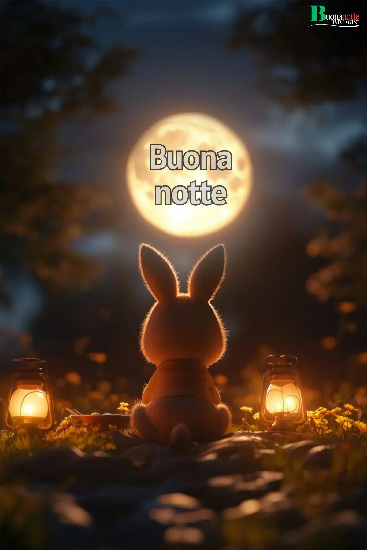 Coniglietto seduto guarda luna piena tra lanterne buonanotte divertente