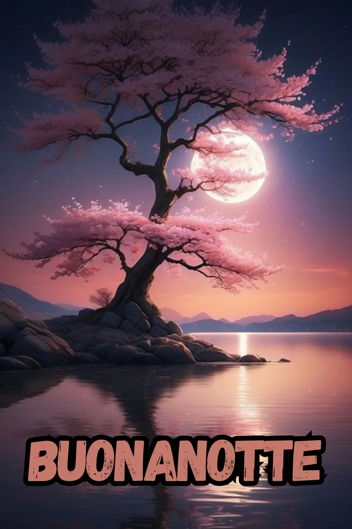 Ciliegio rosa con luna piena riflessa sul lago immagine buonanotte